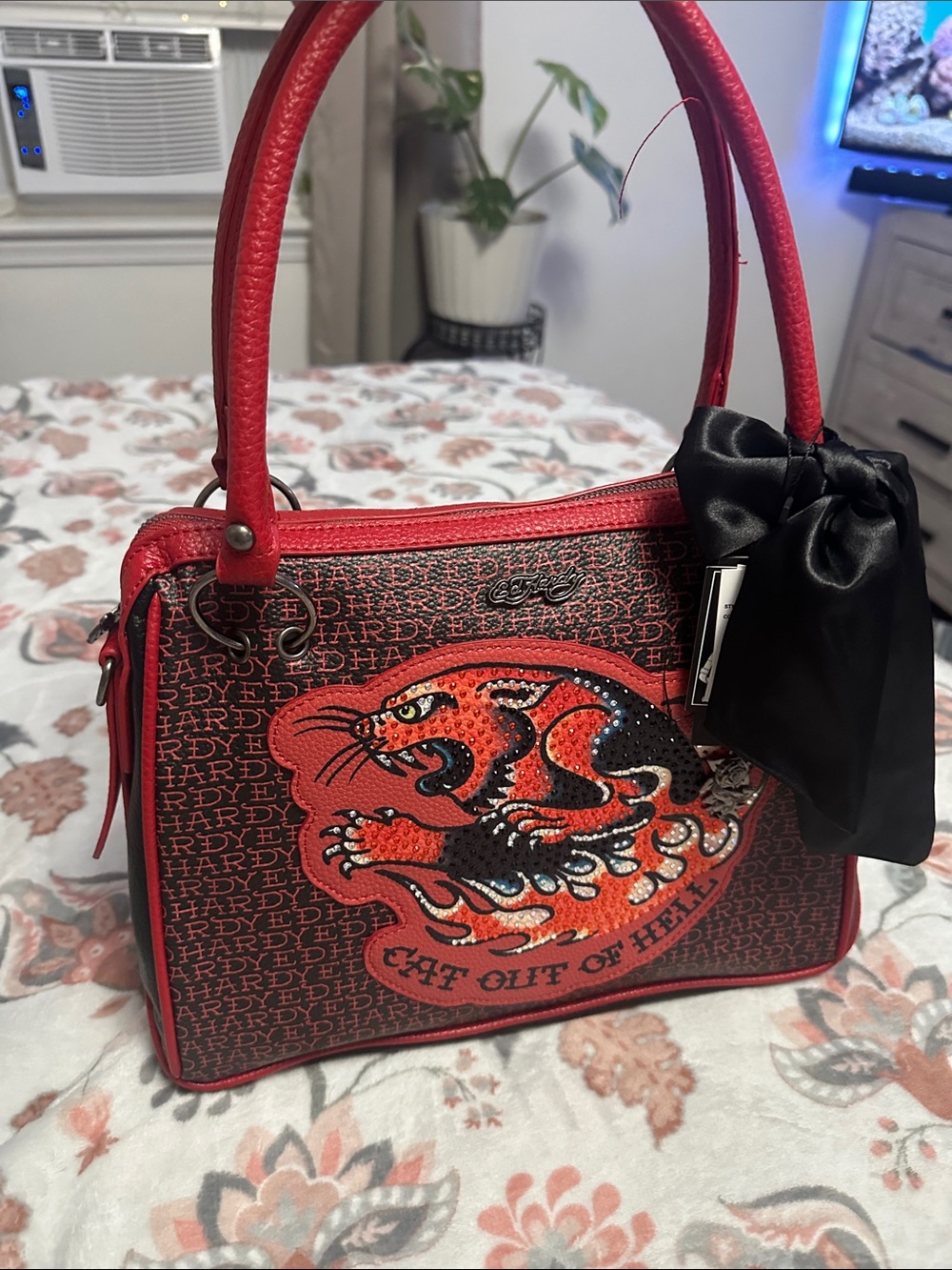 Ed Hardy Red and Black Embroidered Tiger Tote with Bow